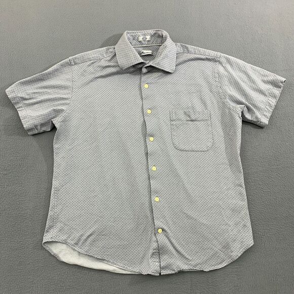 Peter Millar Button Up Mens Large Gray Shirt Blue Polka Dots Short Sleeves - Picture 1 of 13